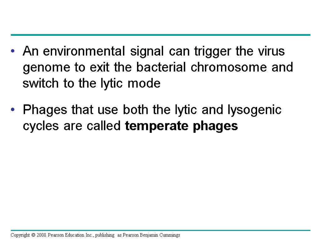 An environmental signal can trigger the virus genome to exit the bacterial chromosome and